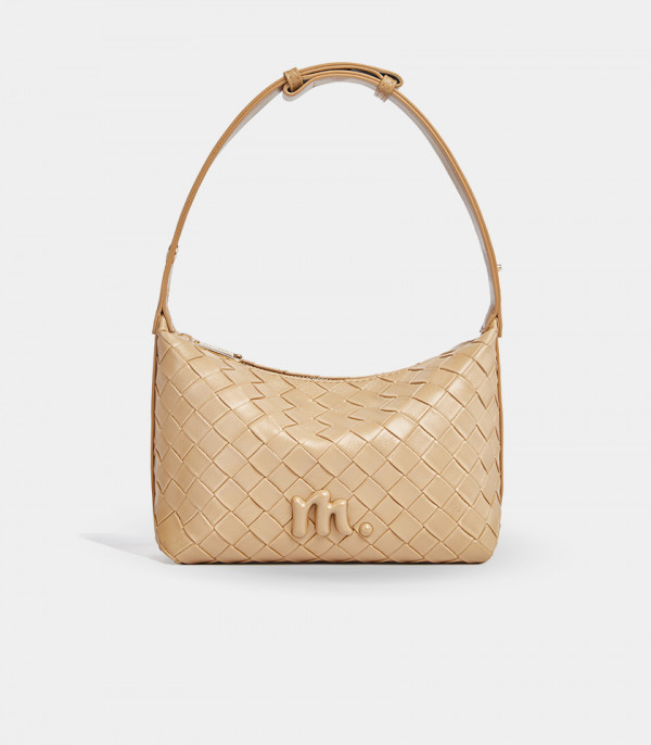 CELESTIA woven hobo bag - MOSSDOOM Apricot color, front view.