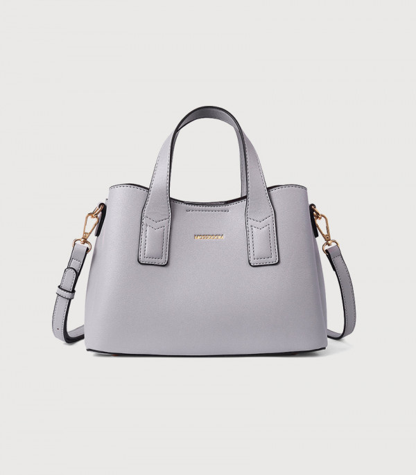 MOSSDOOM Cerise sky blue vegan leather tote bag, front view.