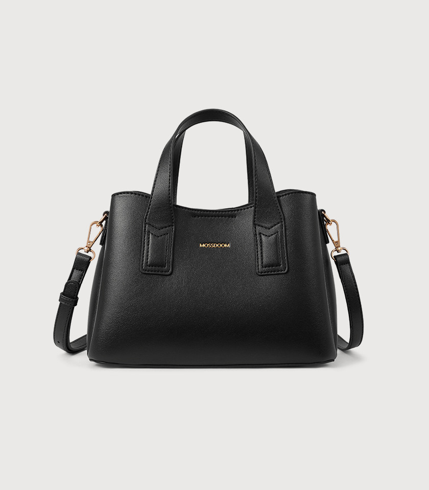 MOSSDOOM Cerise black vegan leather tote bag, front view.