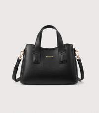 MOSSDOOM Cerise black vegan leather tote bag, front view.