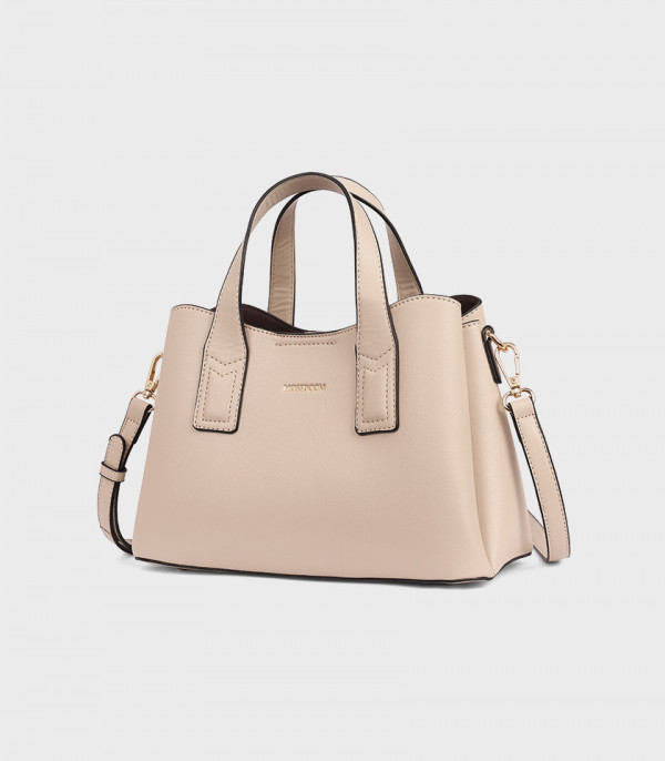 Three-quarter view of the MOSSDOOM Cerise beige tote bag.