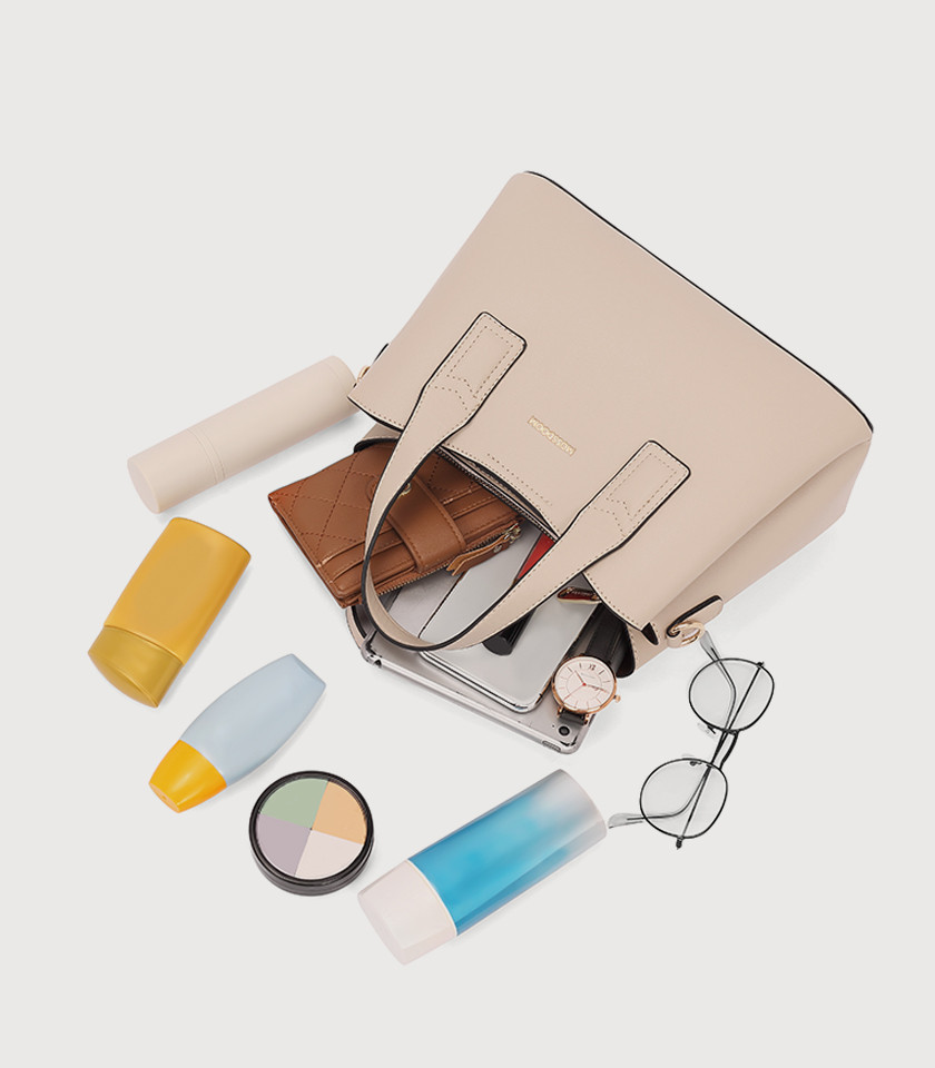 Borsa tote MOSSDOOM Cerise in pelle vegana beige, vista frontale.