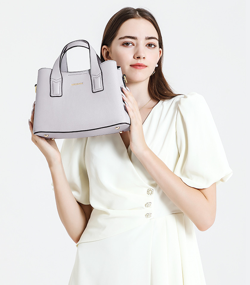 MOSSDOOM Cerise sky blue vegan leather tote bag, front view.