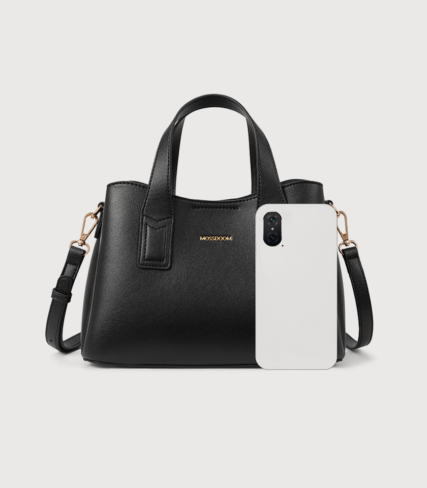 MOSSDOOM Cerise black vegan leather tote bag, front view.