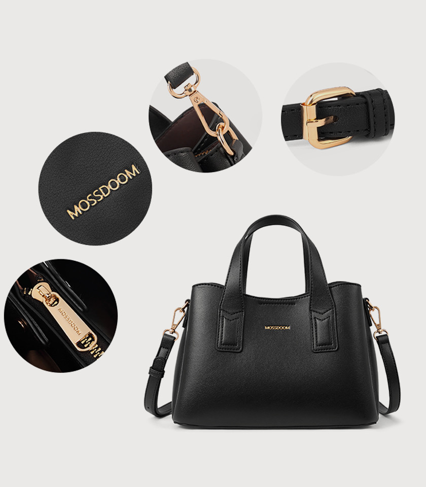 MOSSDOOM Cerise black vegan leather tote bag, front view.