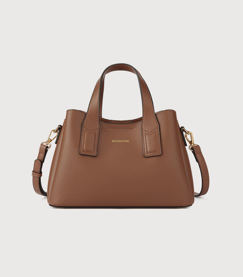 MOSSDOOM Cerise brown vegan leather tote bag, front view.