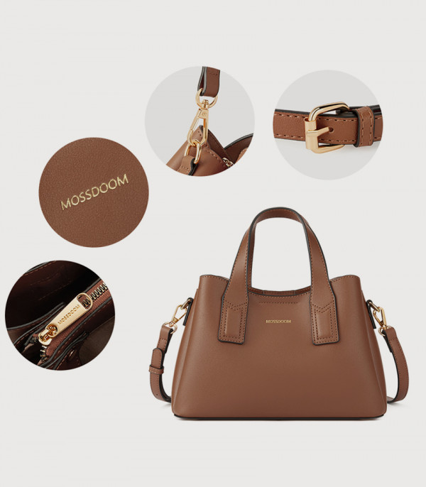 Details of the brown MOSSDOOM Cerise bag: logo, zipper, clasp, and buckle.