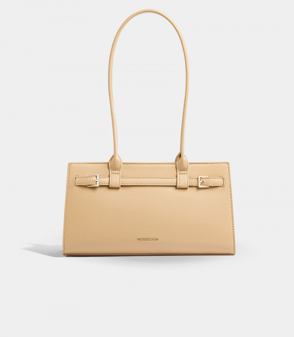 MOSSDOOM Aurelia rectangular shoulder bag in cream vegan leather, front view.