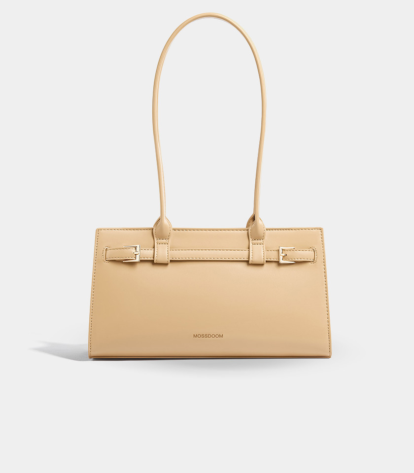 MOSSDOOM Aurelia rectangular shoulder bag in cream vegan leather, front view.