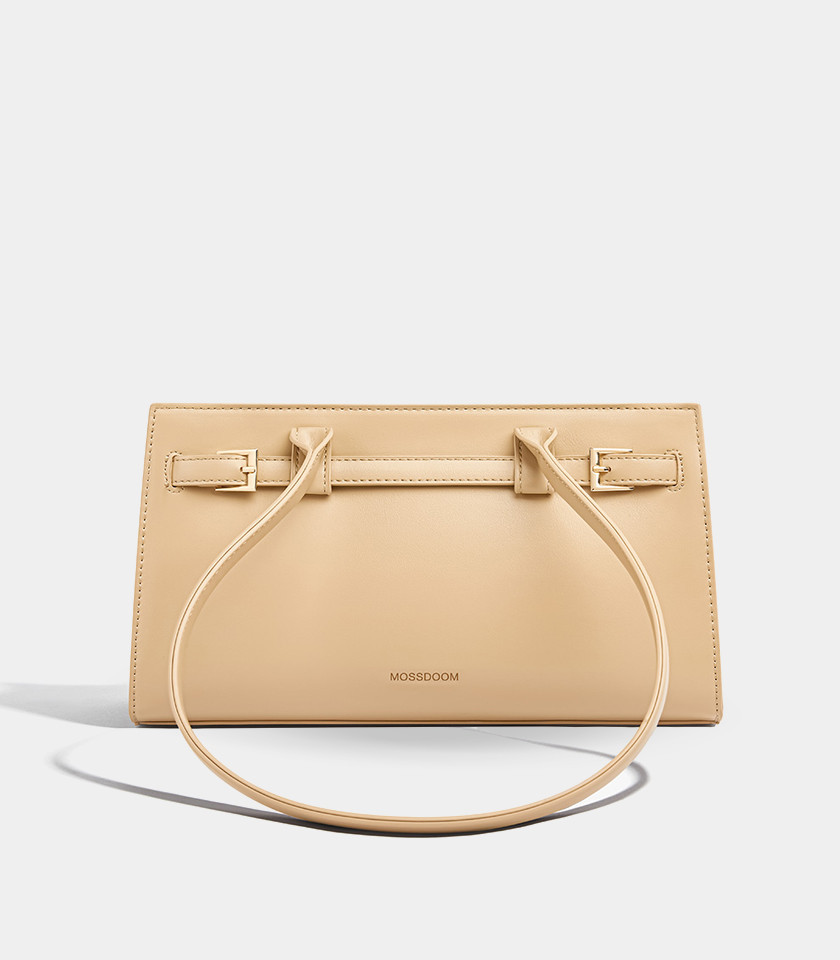MOSSDOOM Aurelia rectangular shoulder bag in cream vegan leather, front view.