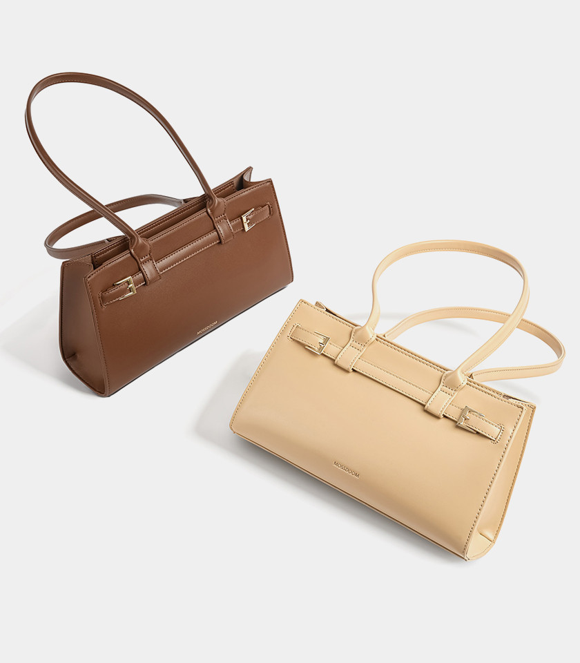 MOSSDOOM Aurelia rectangular shoulder bag in cream vegan leather, front view.
