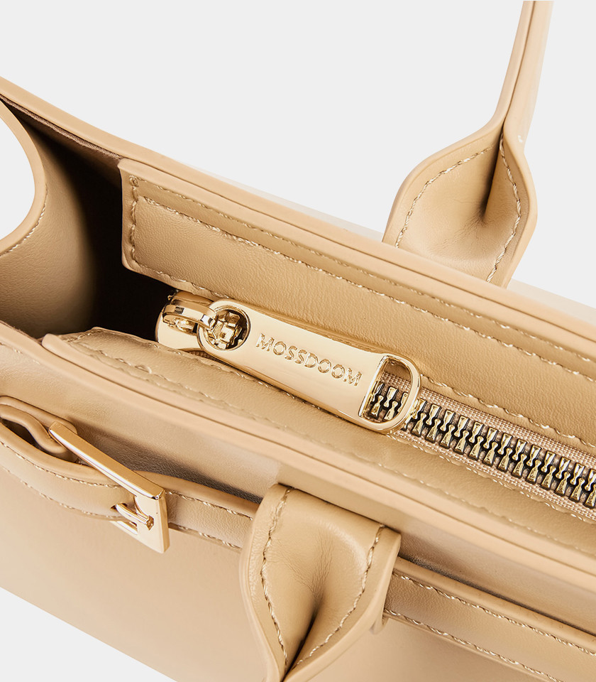 MOSSDOOM Aurelia rectangular shoulder bag in cream vegan leather, front view.
