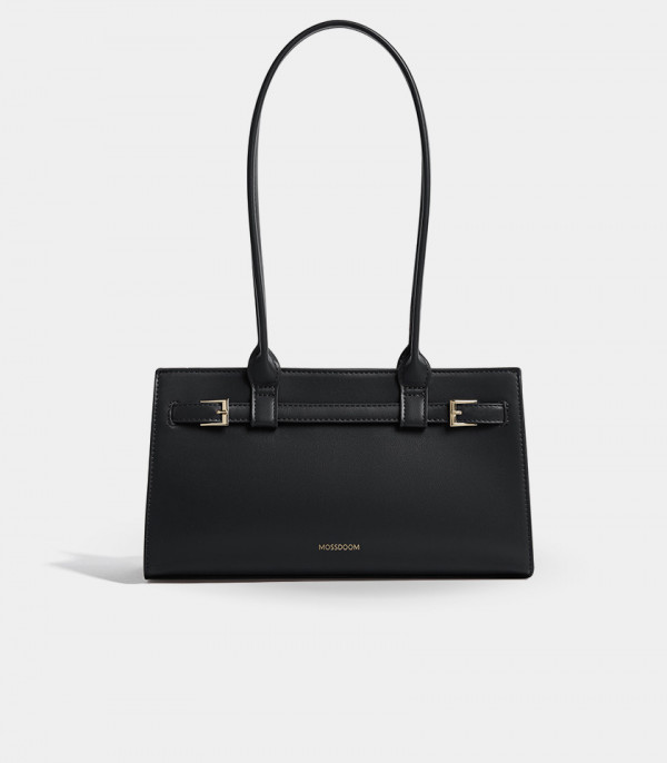 MOSSDOOM Aurelia rectangular shoulder bag in black vegan leather, front view.