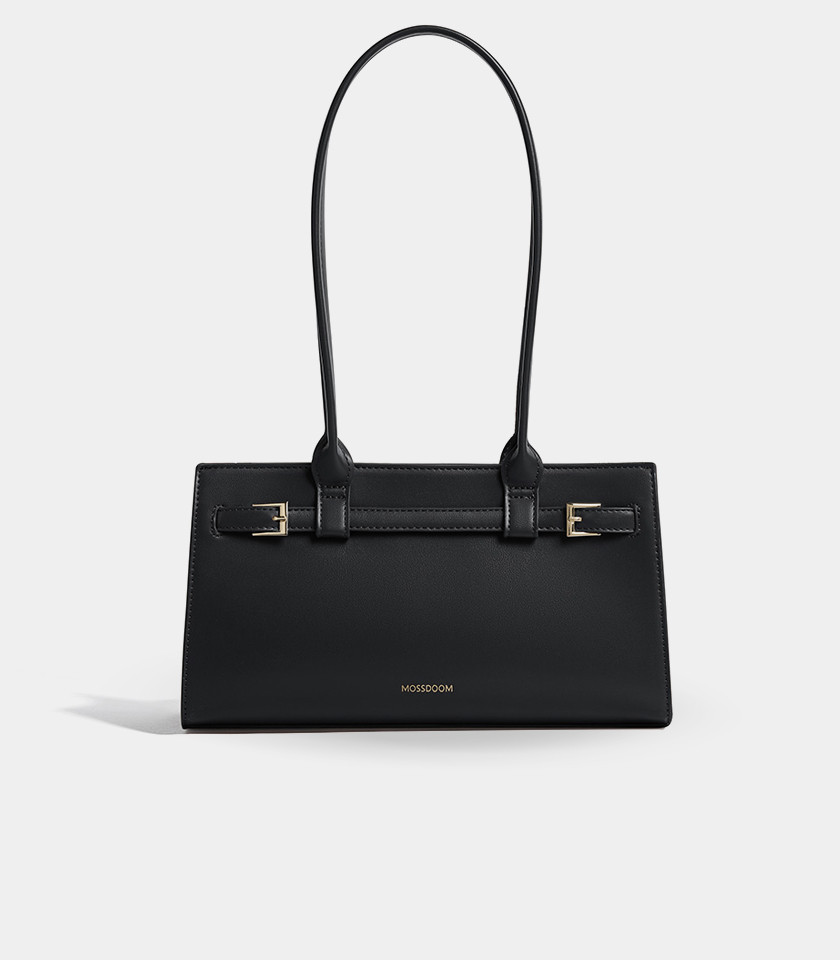 MOSSDOOM Aurelia rectangular shoulder bag in black vegan leather, front view.