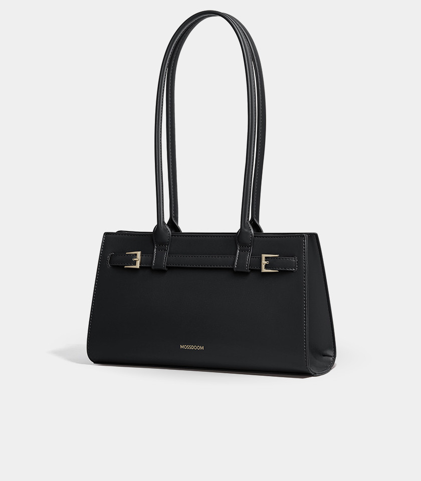 MOSSDOOM Aurelia rectangular shoulder bag in black vegan leather, front view.