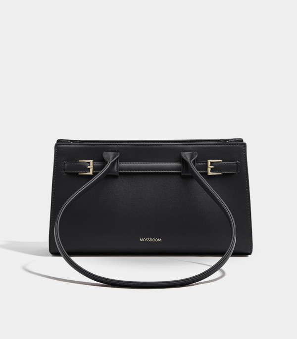 Back view of the MOSSDOOM Aurelia black handbag with its handles.