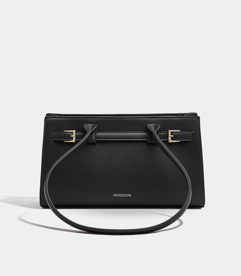 MOSSDOOM Aurelia rectangular shoulder bag in black vegan leather, front view.