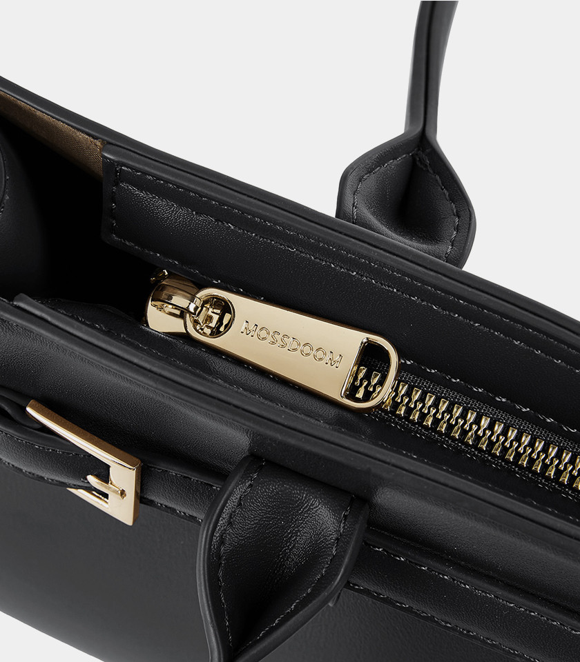 MOSSDOOM Aurelia rectangular shoulder bag in black vegan leather, front view.