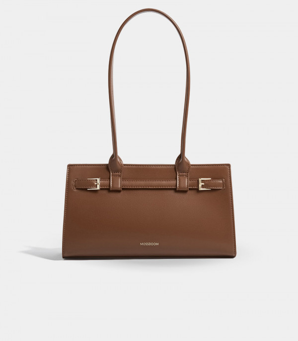 MOSSDOOM Aurelia rechteckige Schultertasche aus kaffeefarbenem veganem Leder, Vorderansicht.