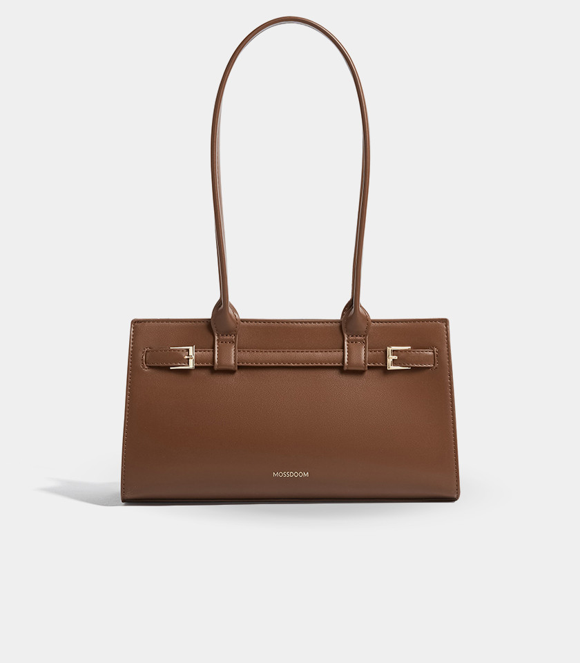 MOSSDOOM Aurelia rectangular shoulder bag in coffee vegan leather, front view.