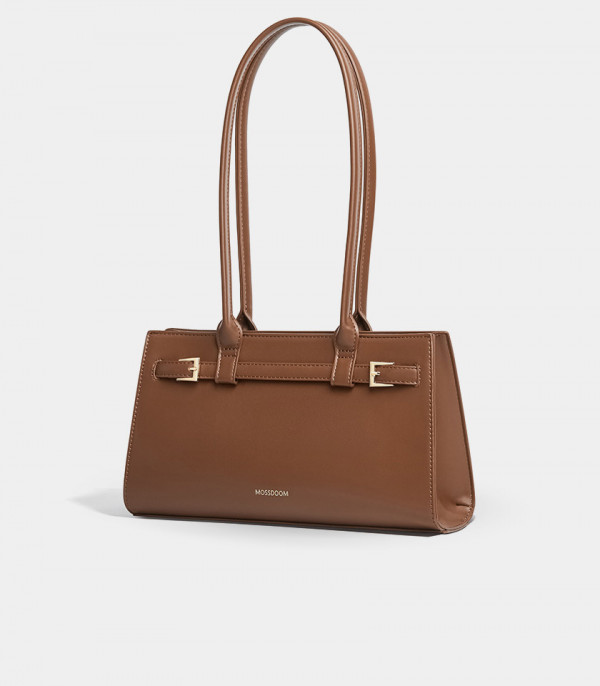 Three-quarter view of the MOSSDOOM Aurelia coffee shoulder bag.