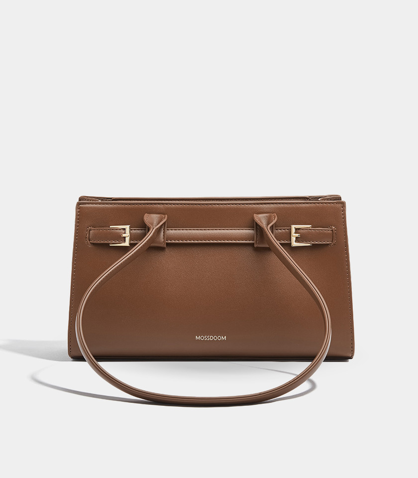 MOSSDOOM Aurelia rectangular shoulder bag in coffee vegan leather, front view.