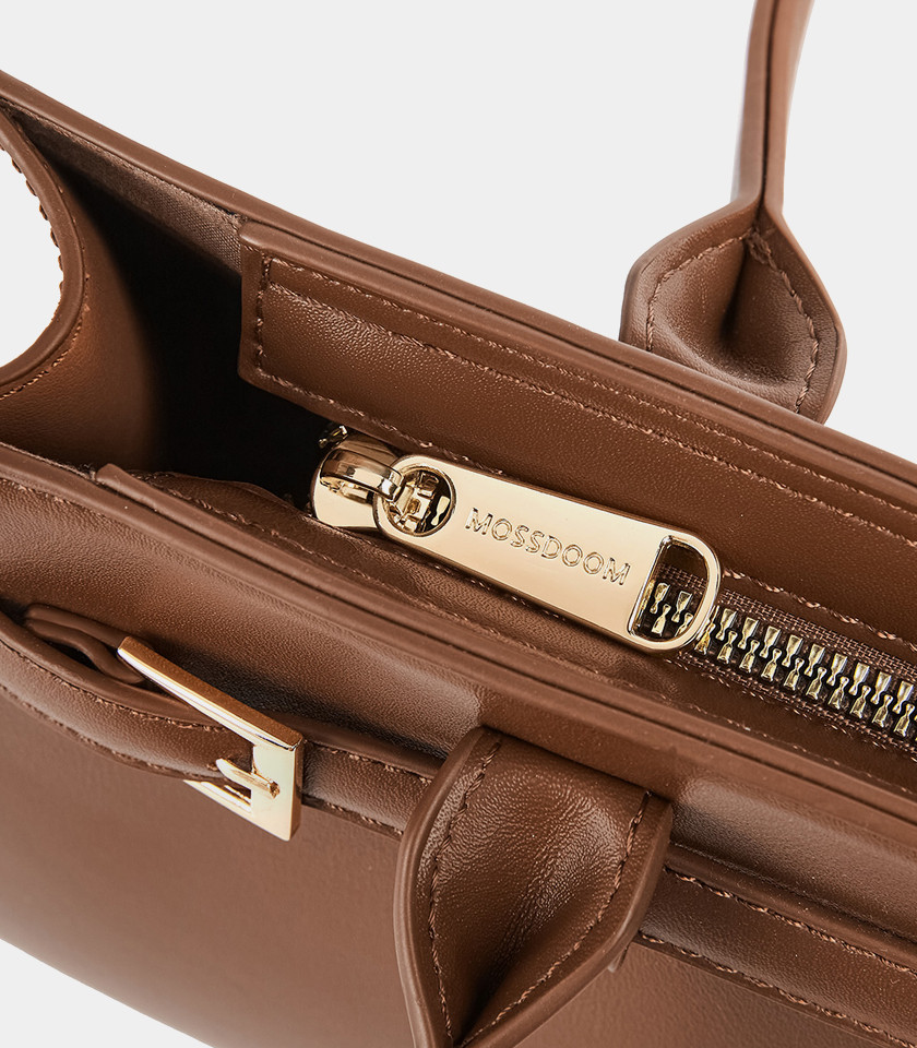 MOSSDOOM Aurelia rectangular shoulder bag in coffee vegan leather, front view.