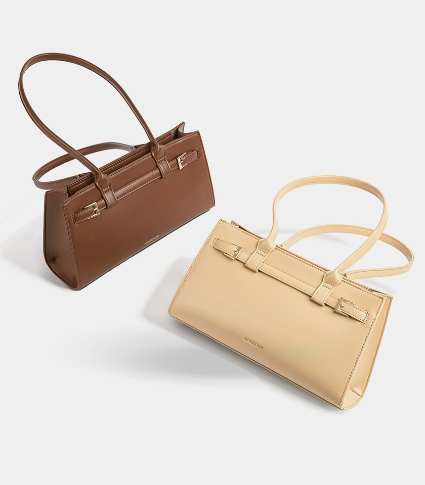MOSSDOOM Aurelia rectangular shoulder bag in coffee vegan leather, front view.