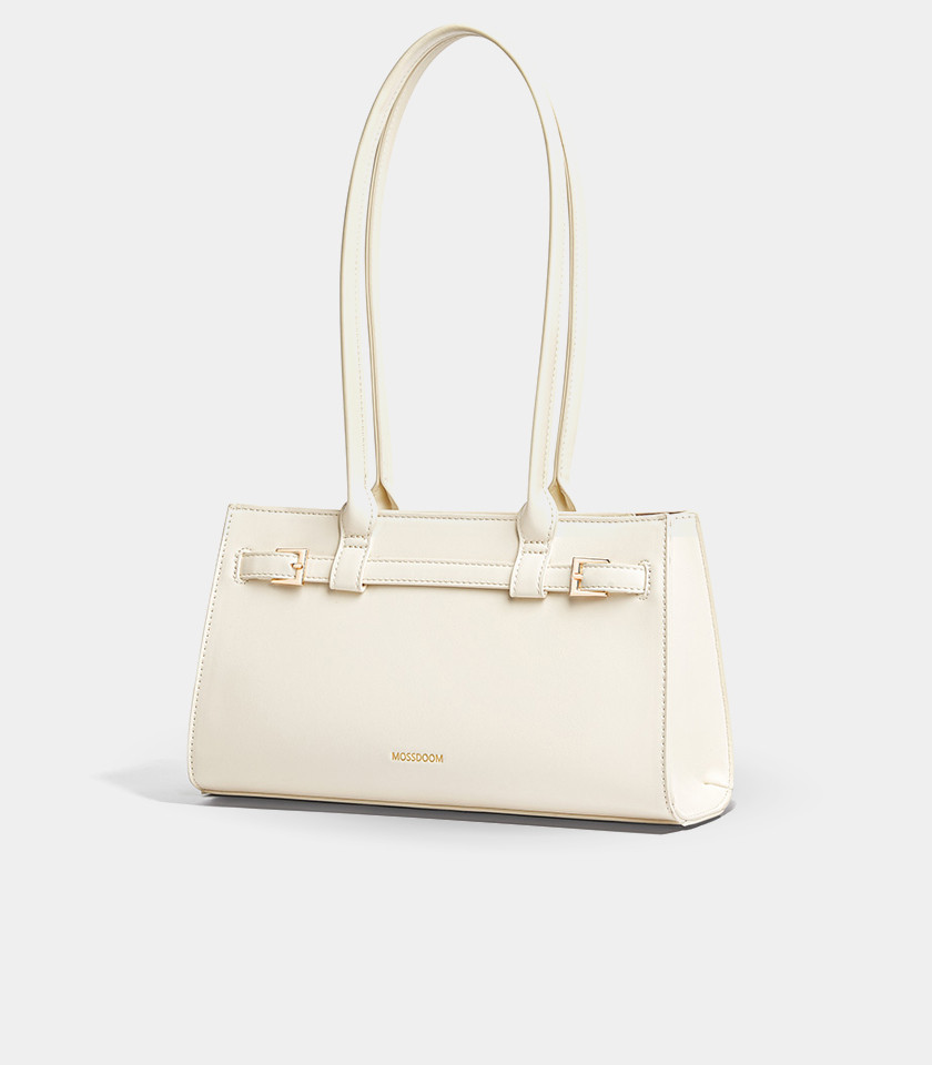 MOSSDOOM Aurelia rectangular shoulder bag in black vegan leather, front view.