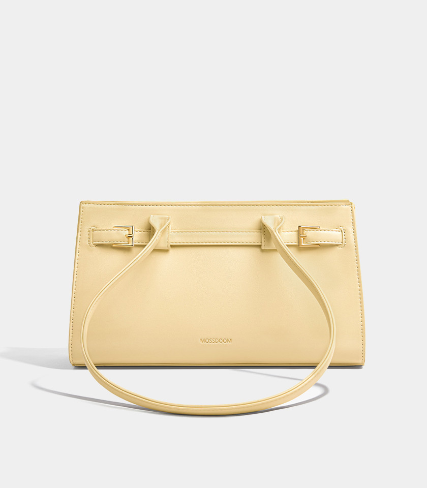 MOSSDOOM Aurelia rectangular shoulder bag in black vegan leather, front view.
