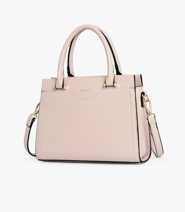 MOSSDOOM AMANDE Apricot color tote bag, three-quarter view with double handle and shoulder strap.