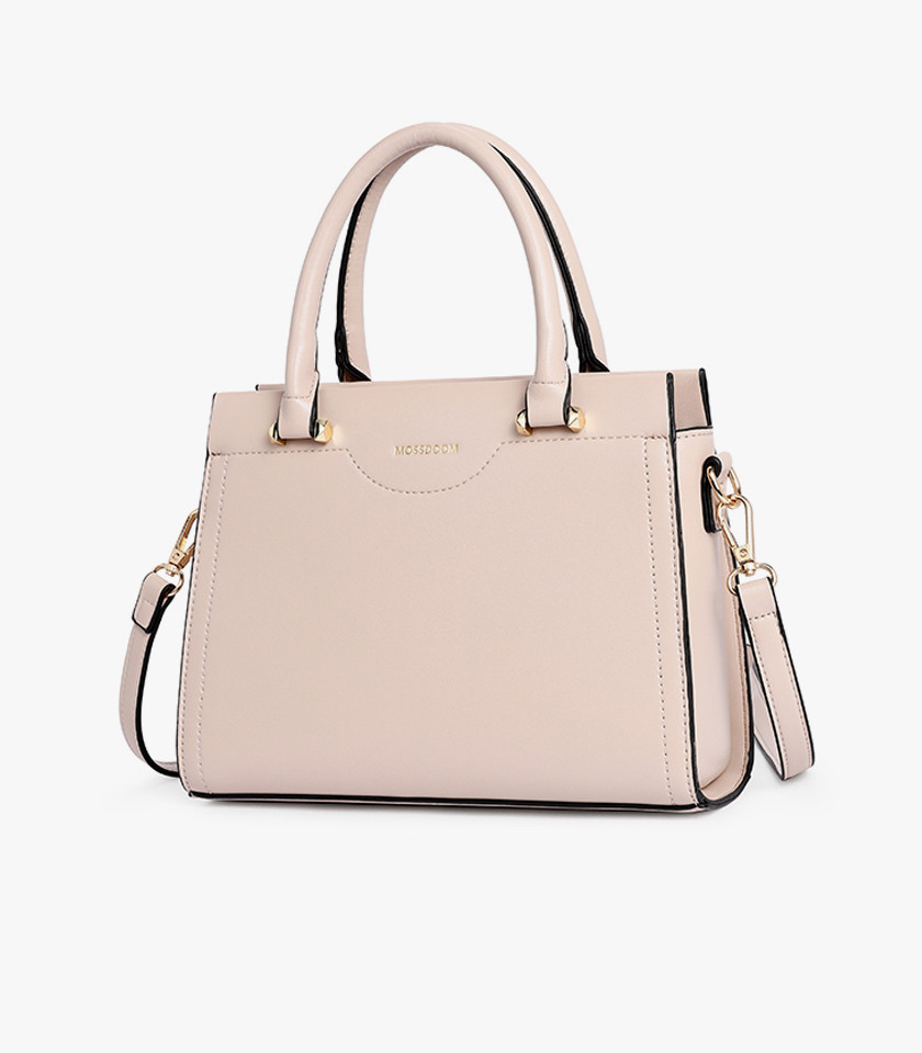 Borsa tote MOSSDOOM AMANDE colore Albicocca, vista a tre quarti con doppio manico e tracolla.