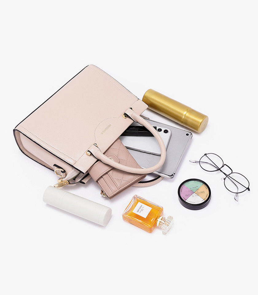 MOSSDOOM AMANDE Apricot color tote bag, three-quarter view with double handle and shoulder strap.