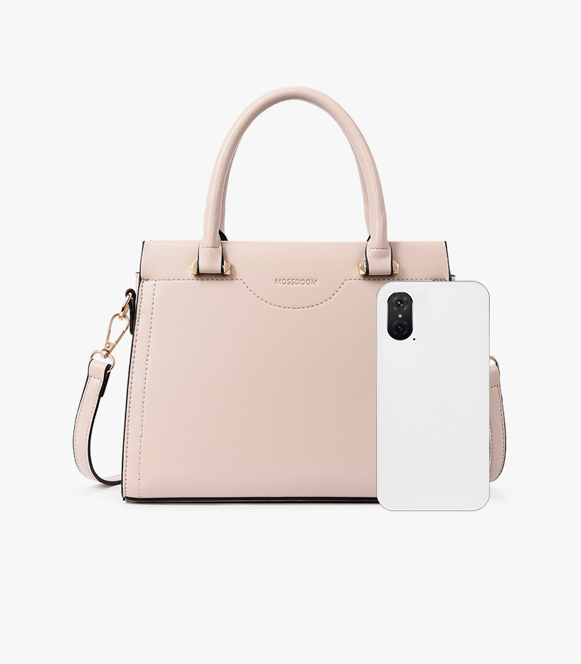MOSSDOOM AMANDE Apricot color tote bag, three-quarter view with double handle and shoulder strap.