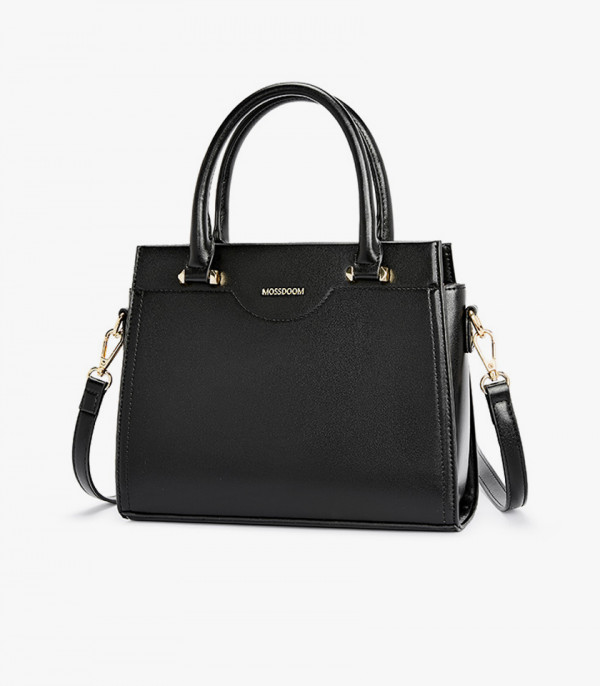 MOSSDOOM AMANDE black color tote bag, three-quarter view with double handle and shoulder strap.