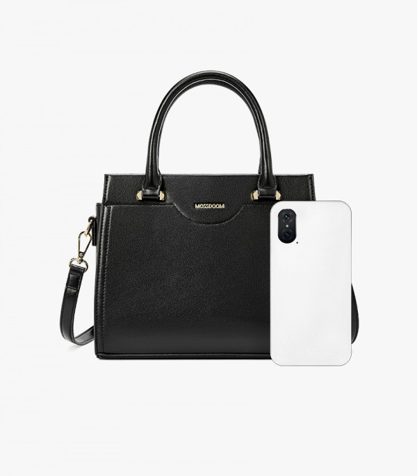 Back view of the MOSSDOOM AMANDE black color tote bag, with a smartphone for size scale.
