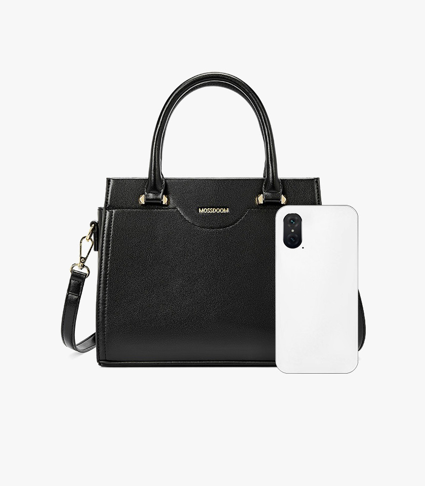 MOSSDOOM AMANDE black color tote bag, three-quarter view with double handle and shoulder strap.