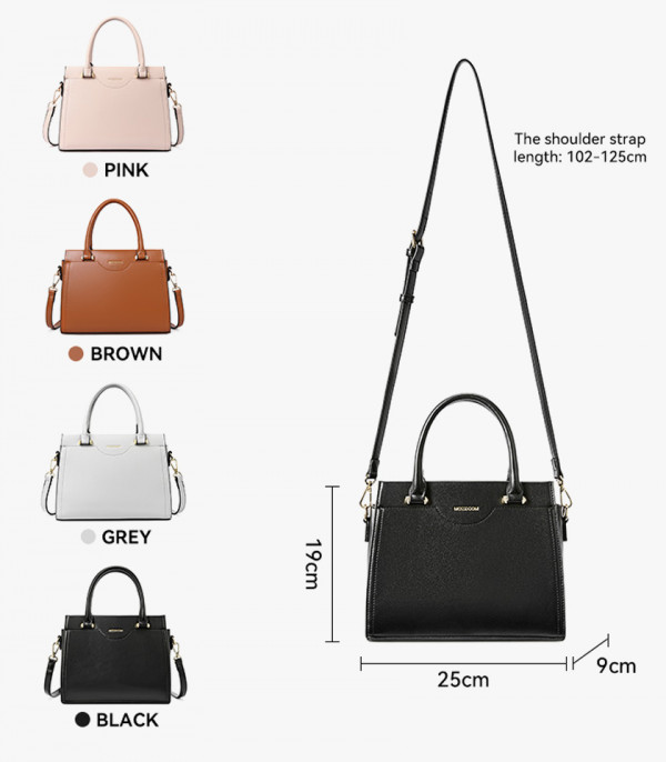 Dimensions and available colors for the MOSSDOOM AMANDE tote bag: pink, brown, grey, and black.