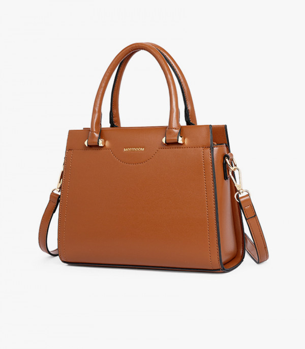 MOSSDOOM AMANDE Camel color tote bag, three-quarter view with double handle and shoulder strap.