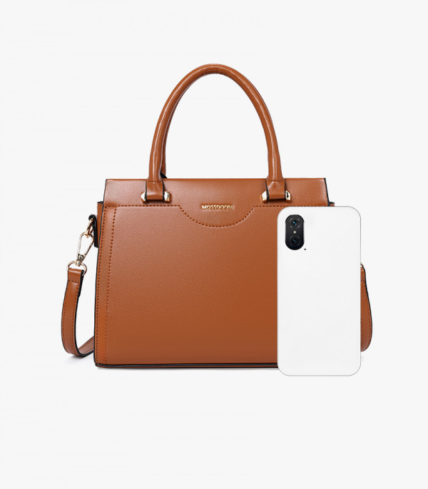 Back view of the MOSSDOOM AMANDE Camel color tote bag, with a smartphone for size scale.