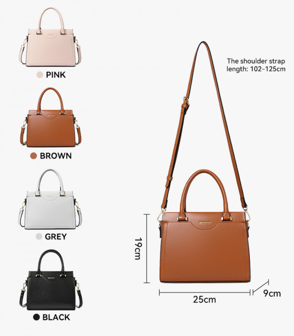 Dimensions and available colors for the MOSSDOOM AMANDE tote bag: pink, brown, grey, and black.
