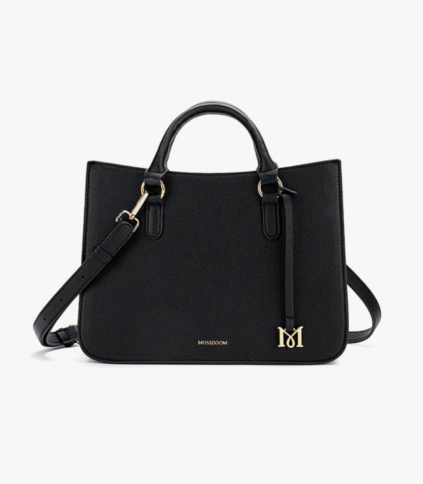 MOSSDOOM MIRABELLE structured handbag, black color, front view with shoulder strap.