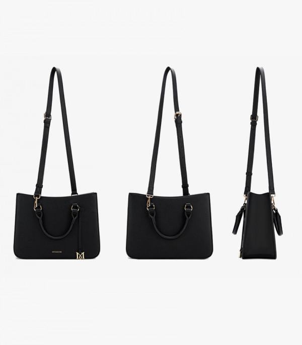 Front, side, and three-quarter views of the MOSSDOOM MIRABELLE structured handbag, black color.