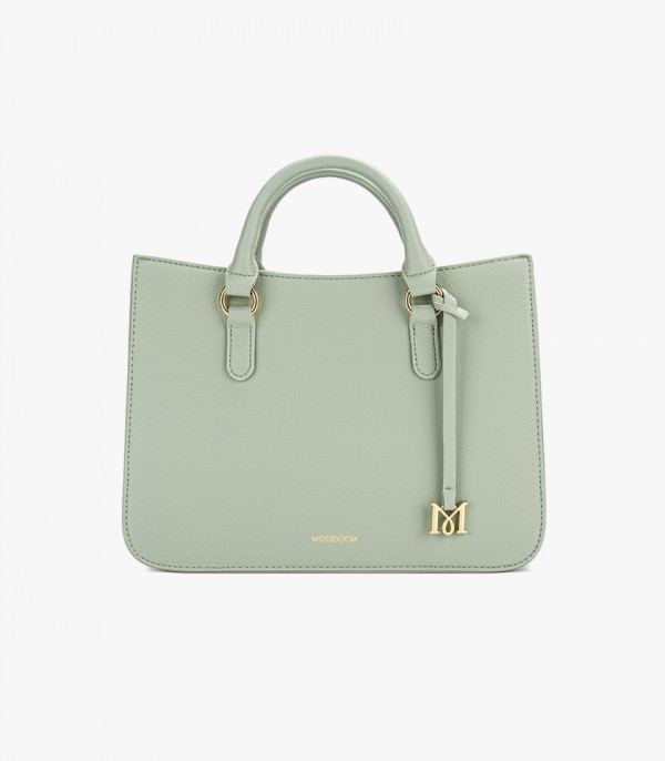 Front, side, and three-quarter views of the MOSSDOOM MIRABELLE structured handbag, Pistachio color.