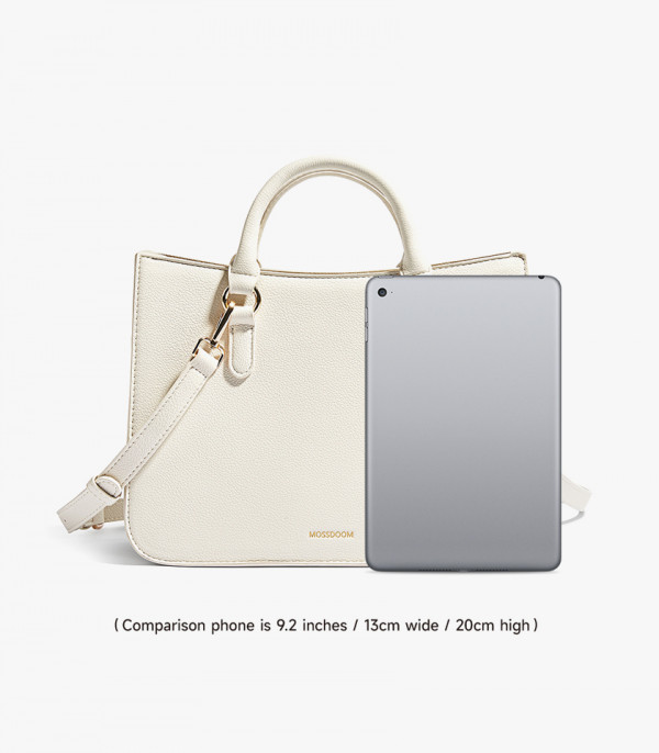 Size scale of the MOSSDOOM MIRABELLE structured handbag, Ivory Color, compared to a tablet.