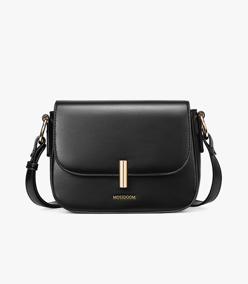 Borsa a tracolla MOSSDOOM AIRELLE colore Nero, vista frontale con chiusura dorata.
