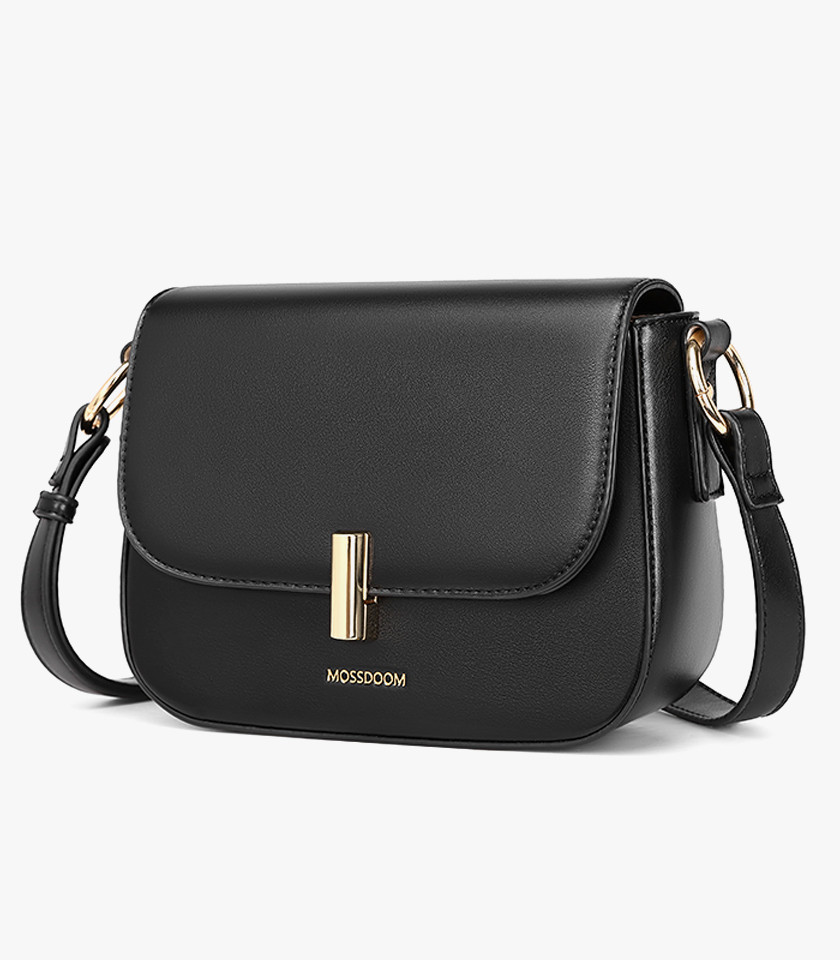 Borsa a tracolla MOSSDOOM AIRELLE colore Nero, vista frontale con chiusura dorata.