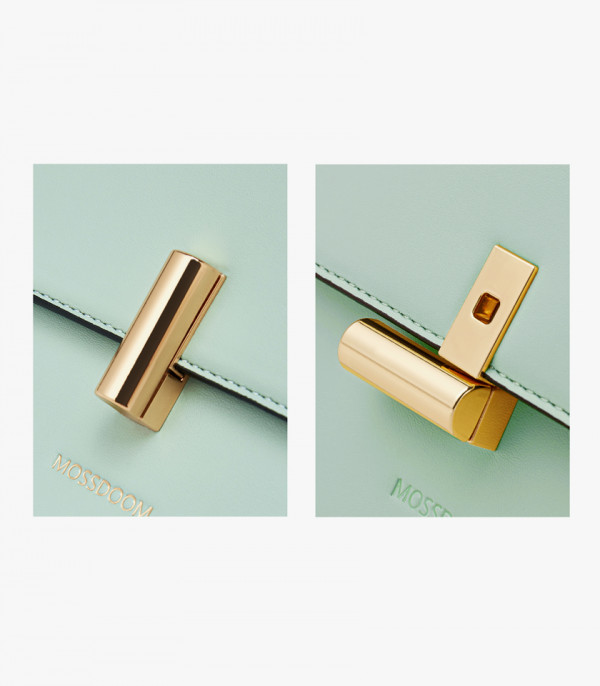 Close-up do fecho dourado da bolsa de ombro MOSSDOOM AIRELLE cor Pistache.