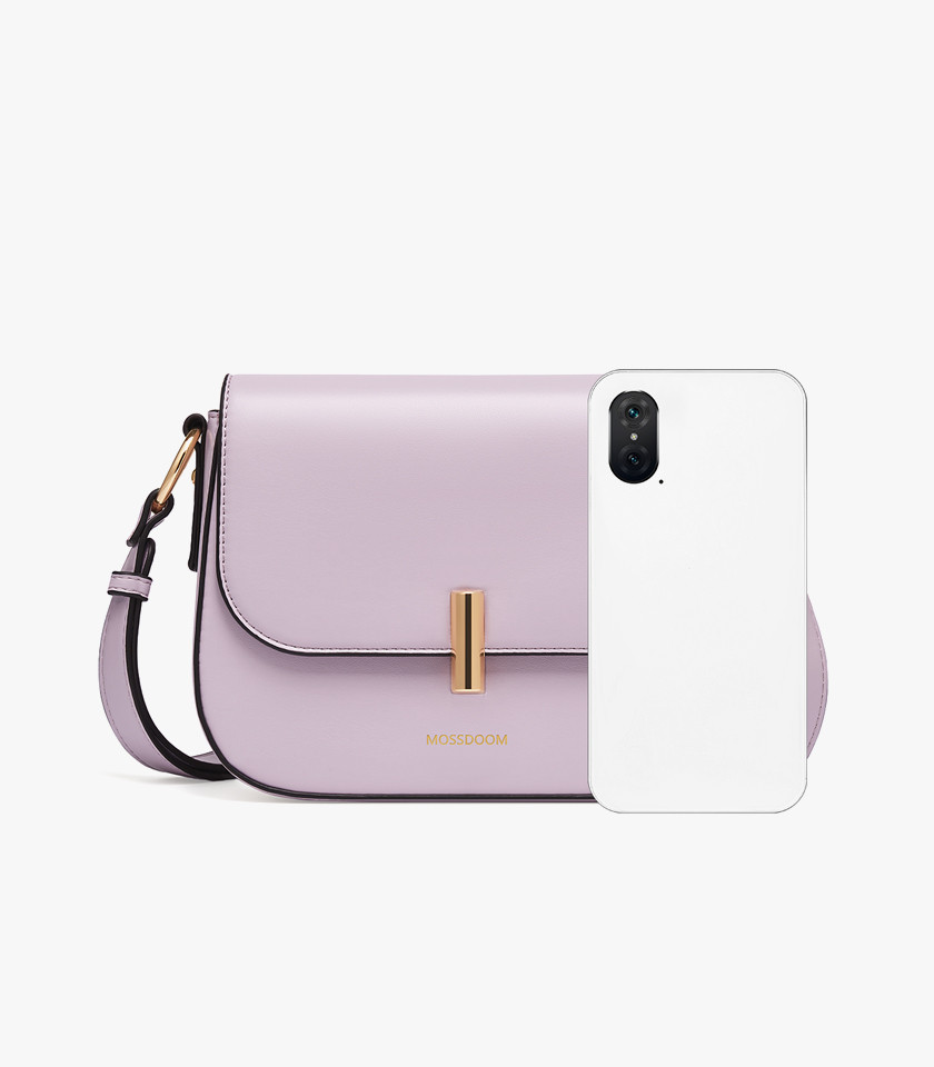 MOSSDOOM AIRELLE shoulder bag, Purple Color, front view with gold clasp.