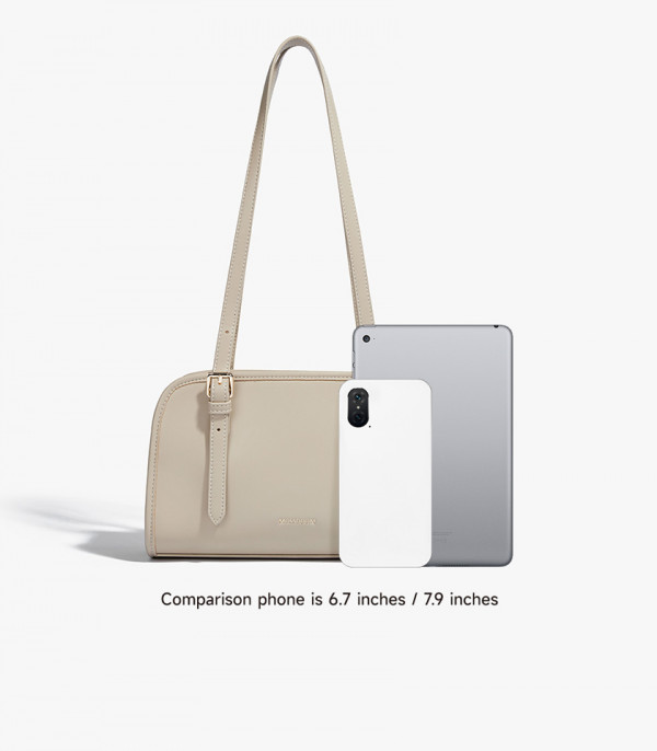 Escala de tamanho da bolsa de ombro MOSSDOOM RENEE cor Damasco, em comparação com telefones.